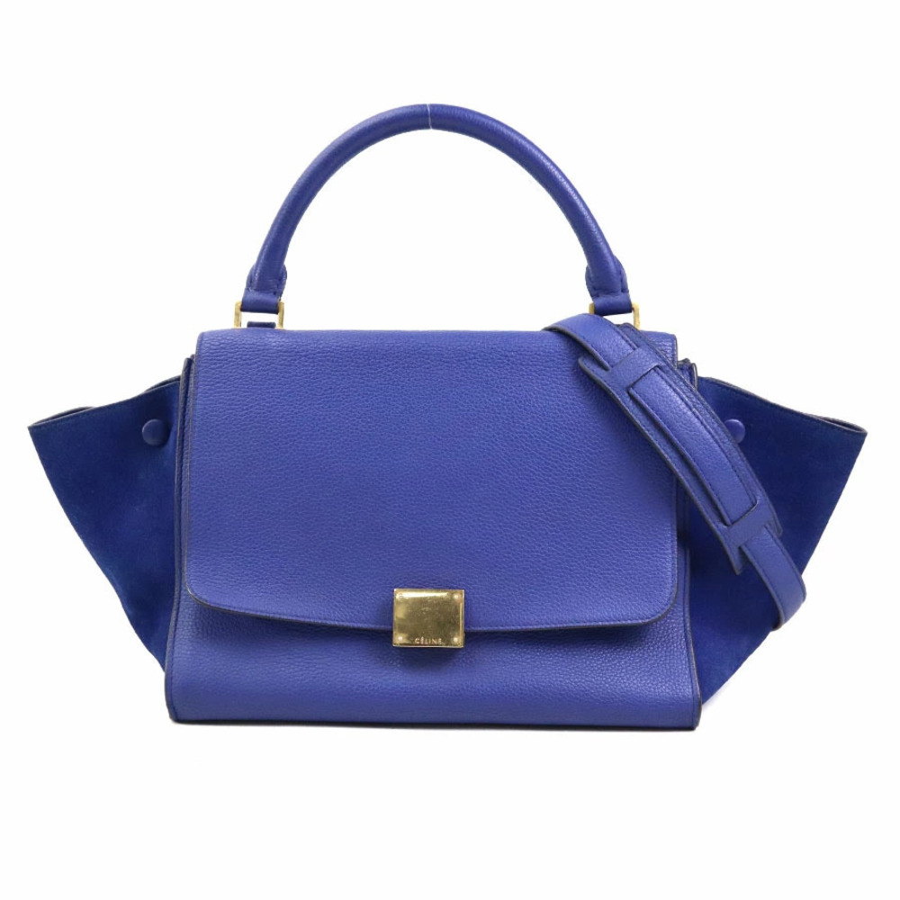 Celine 2way Shoulder Bag trapeze leather suede blue gold